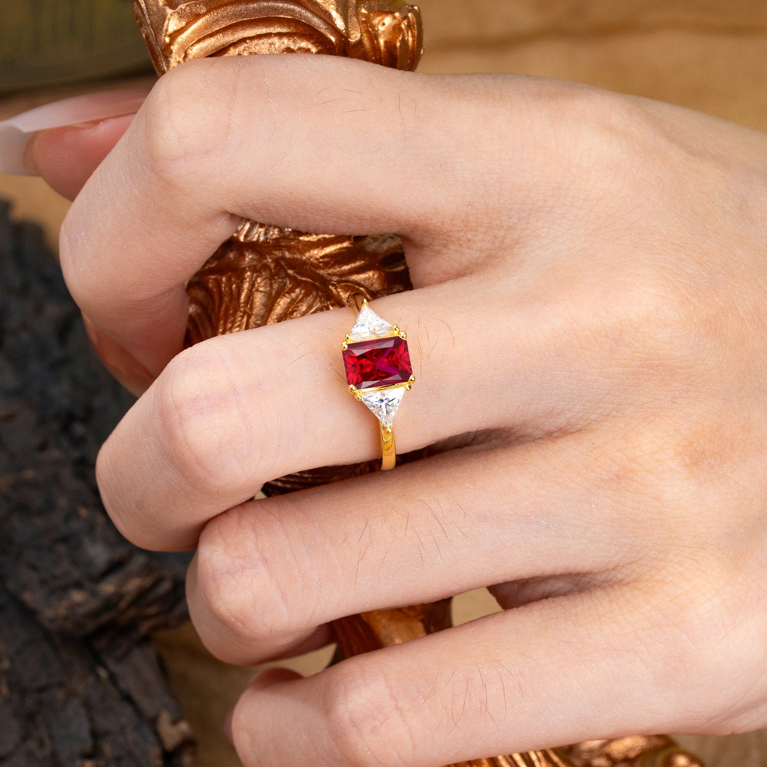 1CT Emerald Cut Ruby Three Stone Engagement Ring