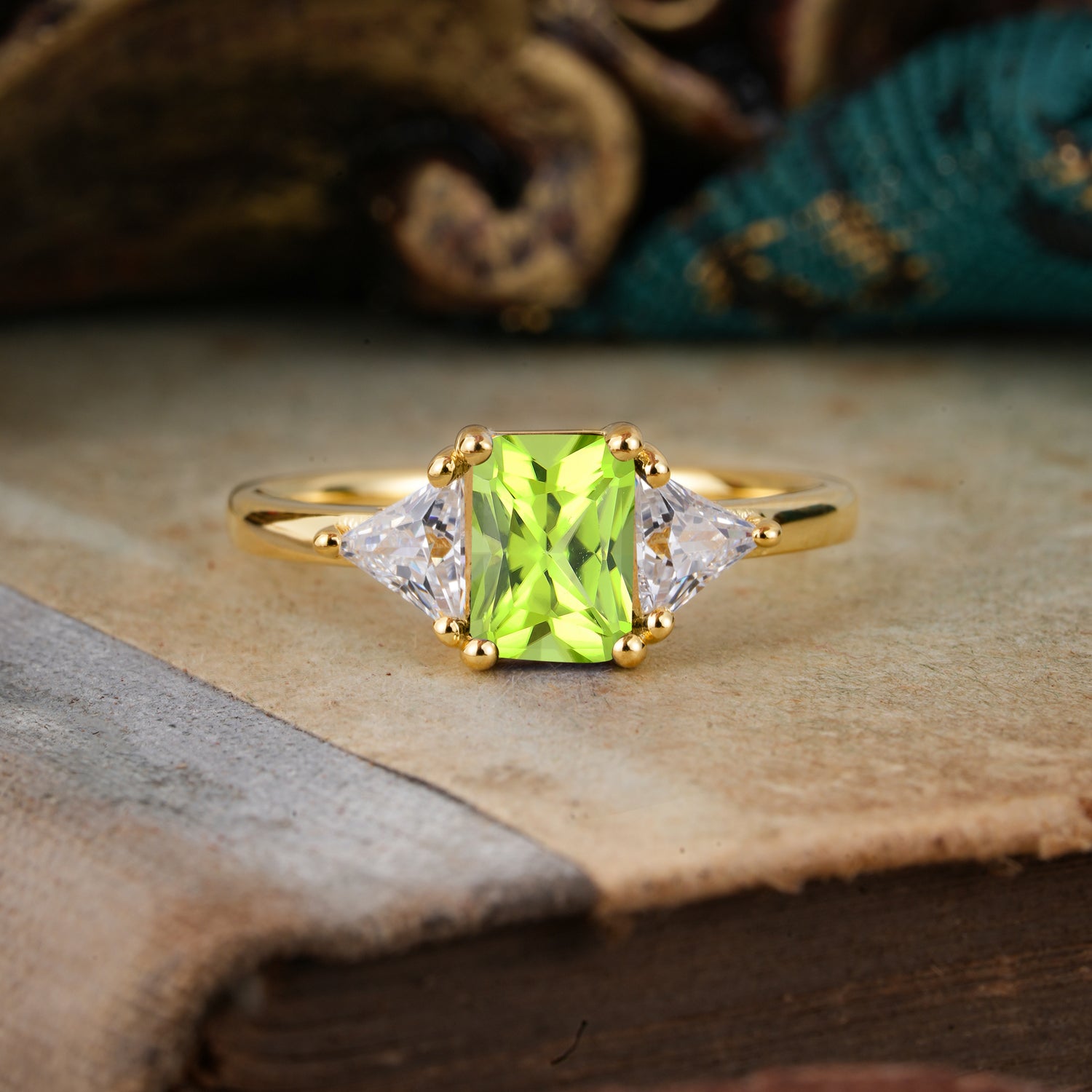 1CT Emerald Cut 4 Prong Peridot Three Stone Engagement Ring