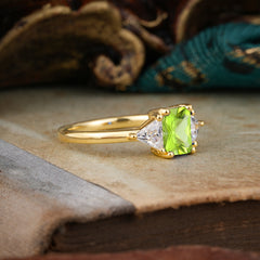 1CT Emerald Cut 4 Prong Peridot Three Stone Engagement Ring