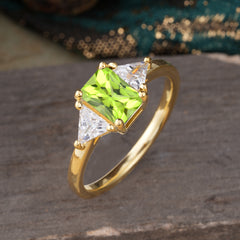 1CT Emerald Cut 4 Prong Peridot Three Stone Engagement Ring
