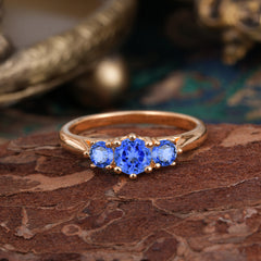 Round Cut Sapphire Engagement Ring Classic Three Stone Bridal Ring