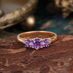 Round Cut 6 Prong Amethyst Engagement Ring Classic Three Stone Bridal Ring