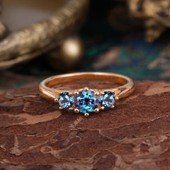 Round Cut Alexandrite Engagement Ring Classic Three Stone Bridal Ring