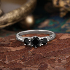 Round Cut 6 Prong Black Onyx Engagement Ring Classic Three Stone Bridal Ring