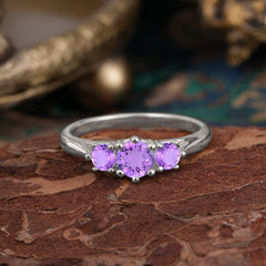 Round Cut 6 Prong Amethyst Engagement Ring Classic Three Stone Bridal Ring