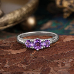 Round Cut 6 Prong Amethyst Engagement Ring Classic Three Stone Bridal Ring