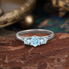 Round Cut 6 Prong Aquamarine Engagement Ring Classic Three Stone Bridal Ring