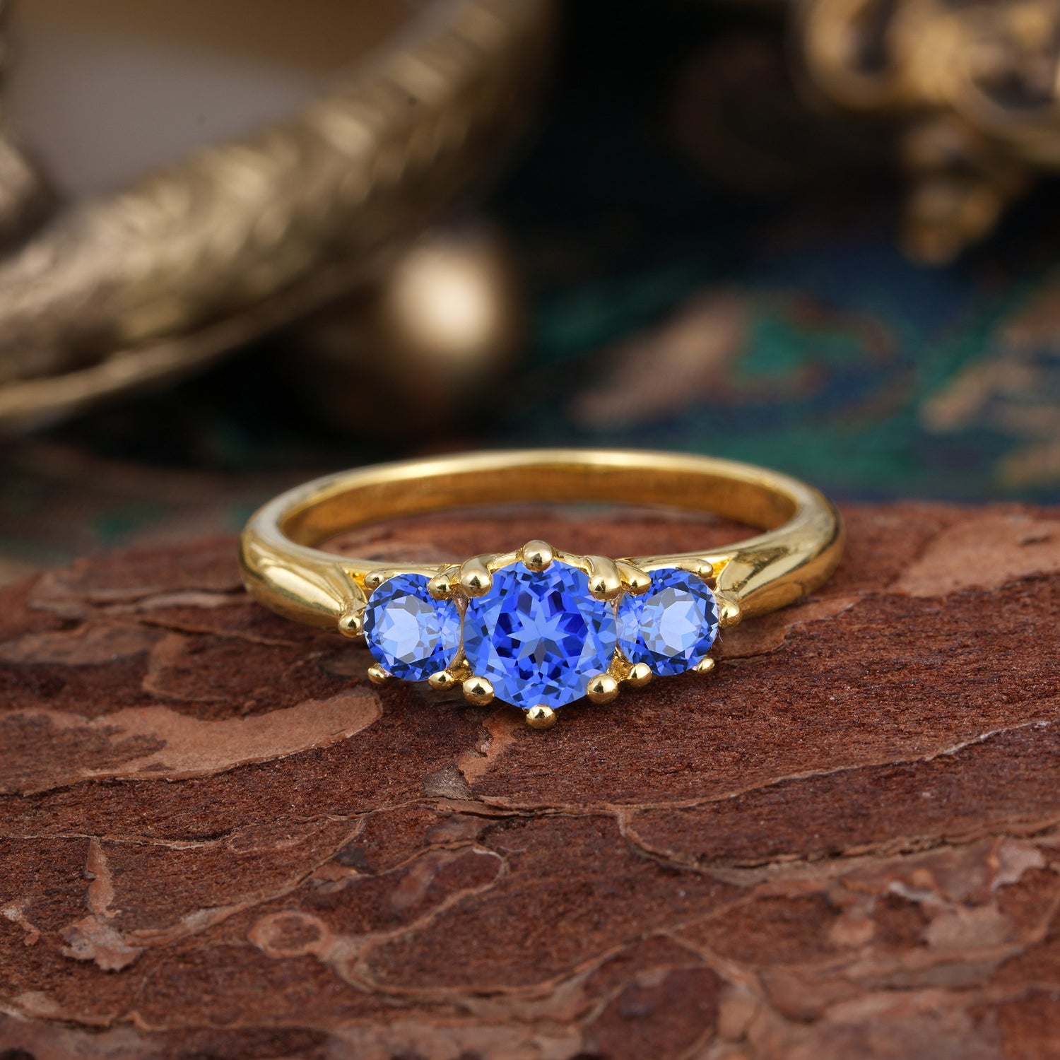 Round Cut Sapphire Engagement Ring Classic Three Stone Bridal Ring - Romalar Jewelry
