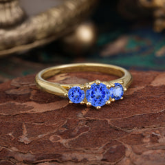 Round Cut Sapphire Engagement Ring Classic Three Stone Bridal Ring