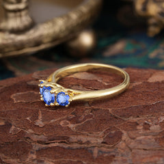 Round Cut Sapphire Engagement Ring Classic Three Stone Bridal Ring