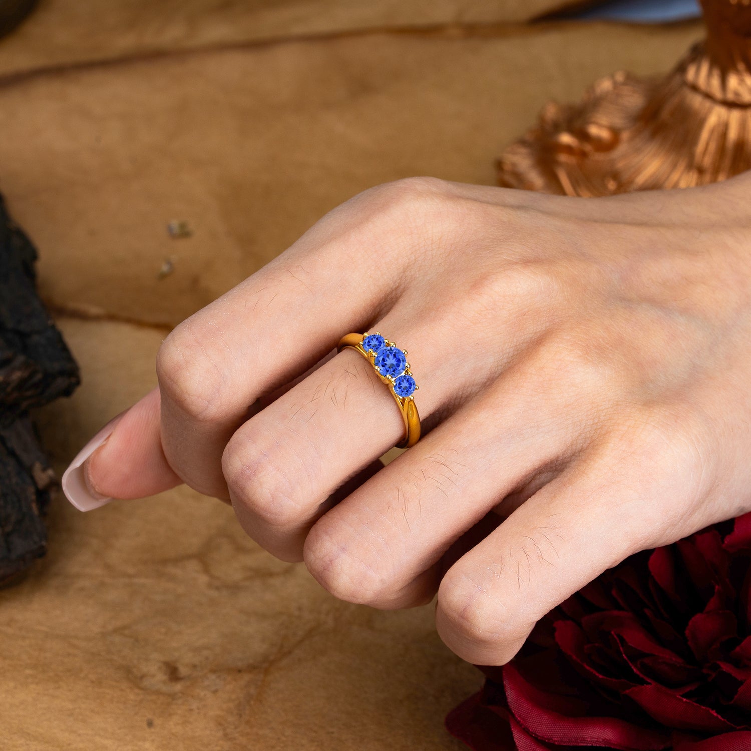 Round Cut Sapphire Engagement Ring Classic Three Stone Bridal Ring - Romalar Jewelry