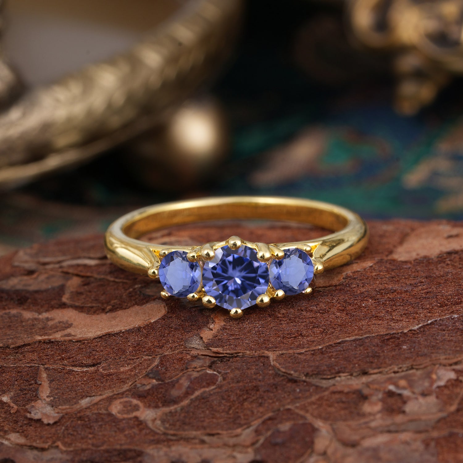 Round Cut 6 Prong Tanzanite Engagement Ring Classic Three Stone Bridal Ring