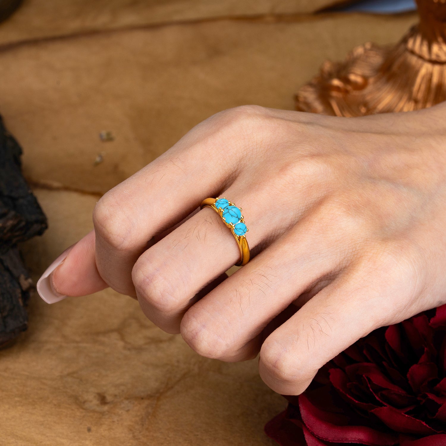 Round Cut Turquoise Engagement Ring Classic Three Stone Bridal Ring