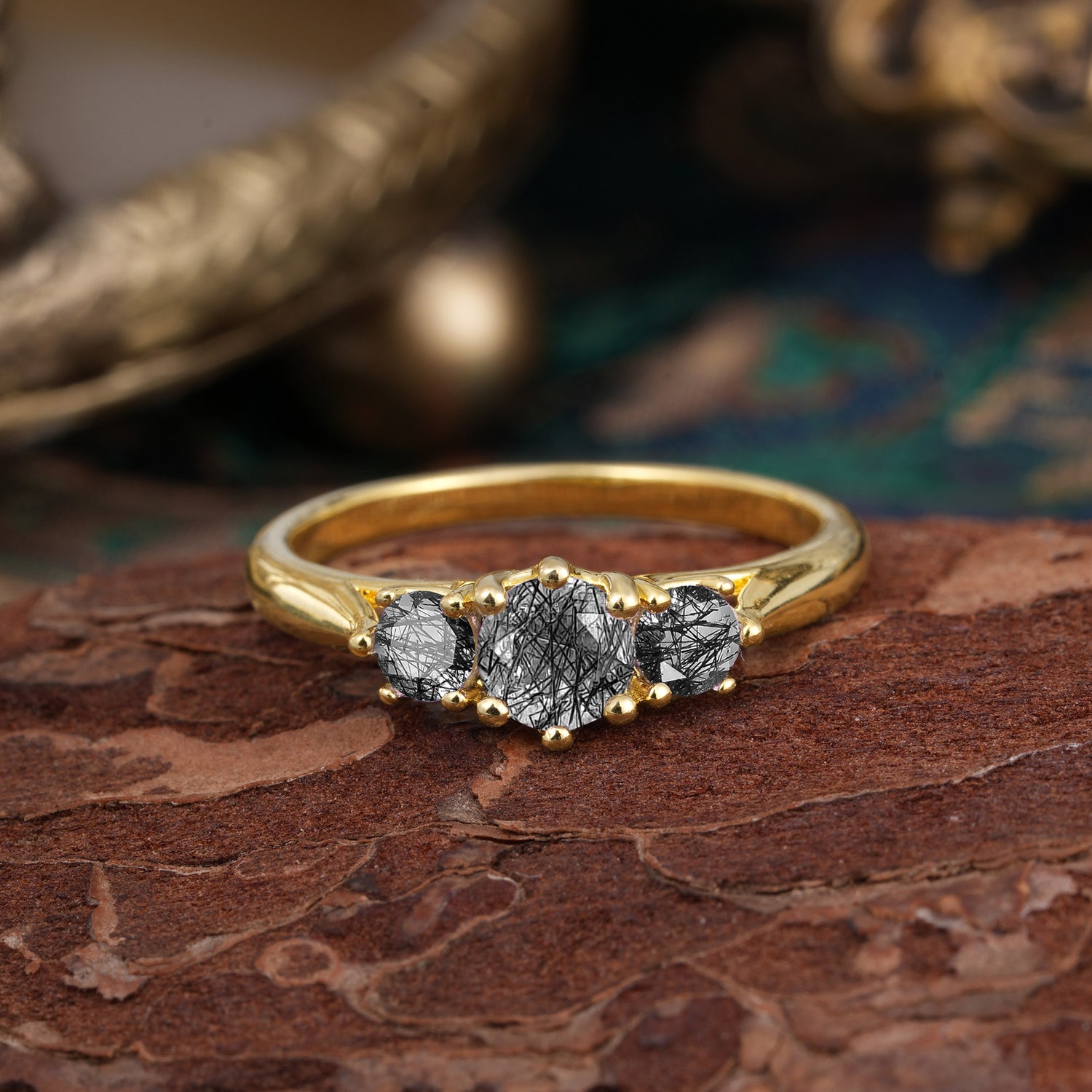 Round Cut 6 Prong Black Rutilated Quartz Engagement Ring Classic Three Stone Bridal Ring