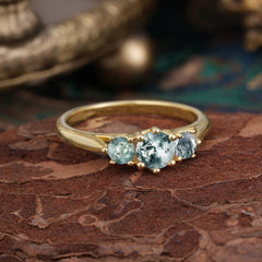 Round Cut Moss Agate Engagement Ring Classic Three Stone Bridal Ring