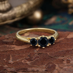 Round Cut 6 Prong Black Onyx Engagement Ring Classic Three Stone Bridal Ring