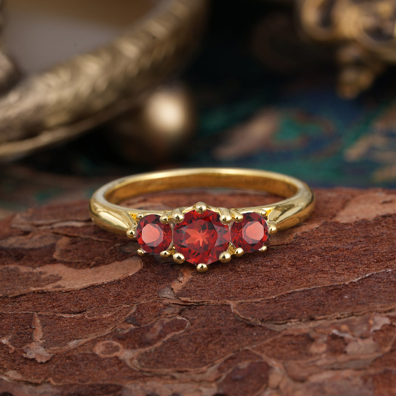 Round Cut 6 Prong Garnet Engagement Ring Classic Three Stone Bridal Ring - Romalar Jewelry