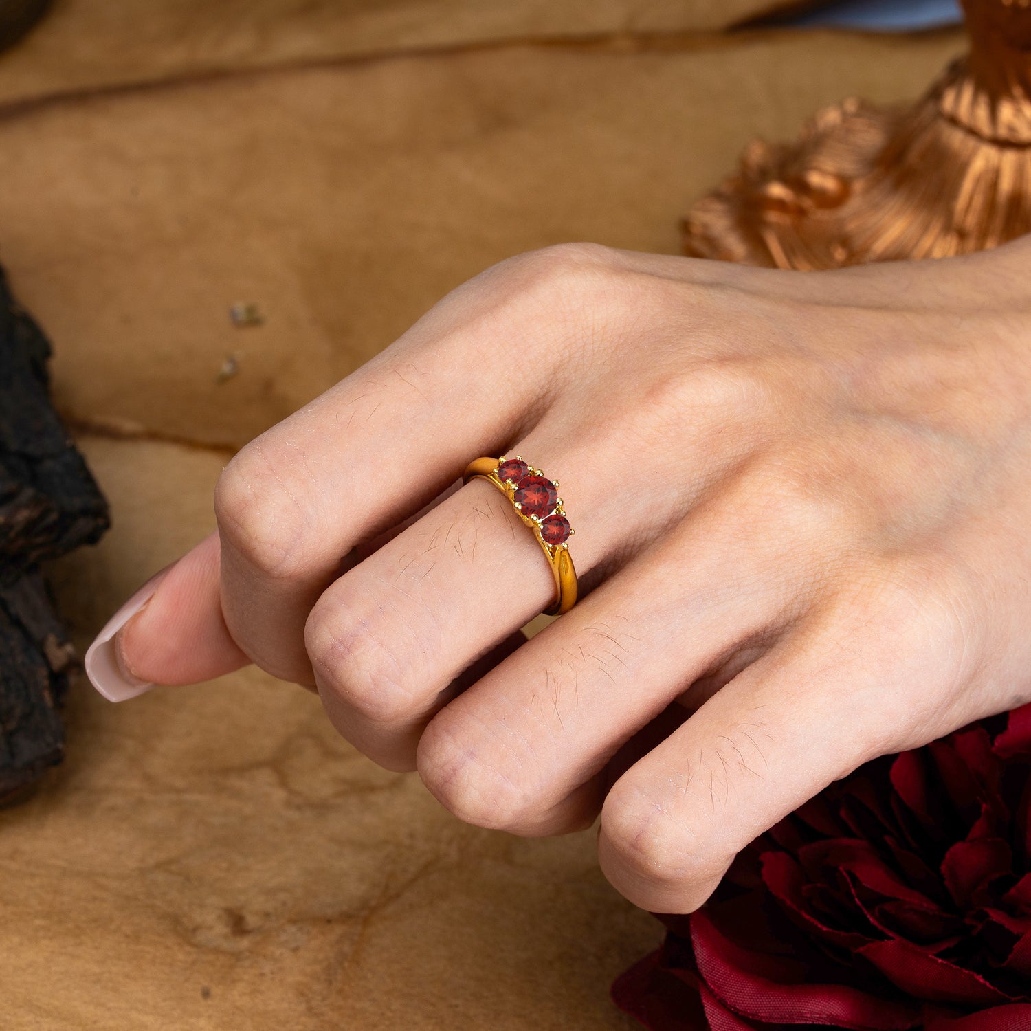 Round Cut 6 Prong Garnet Engagement Ring Classic Three Stone Bridal Ring - Romalar Jewelry
