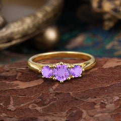Round Cut 6 Prong Amethyst Engagement Ring Classic Three Stone Bridal Ring