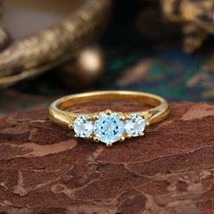Round Cut 6 Prong Aquamarine Engagement Ring Classic Three Stone Bridal Ring
