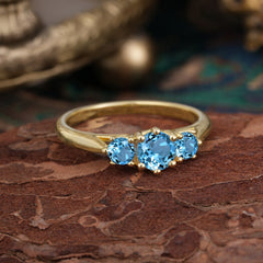 Round Cut 6 Prong Aquamarine Engagement Ring Classic Three Stone Bridal Ring