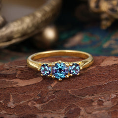 Round Cut Alexandrite Engagement Ring Classic Three Stone Bridal Ring