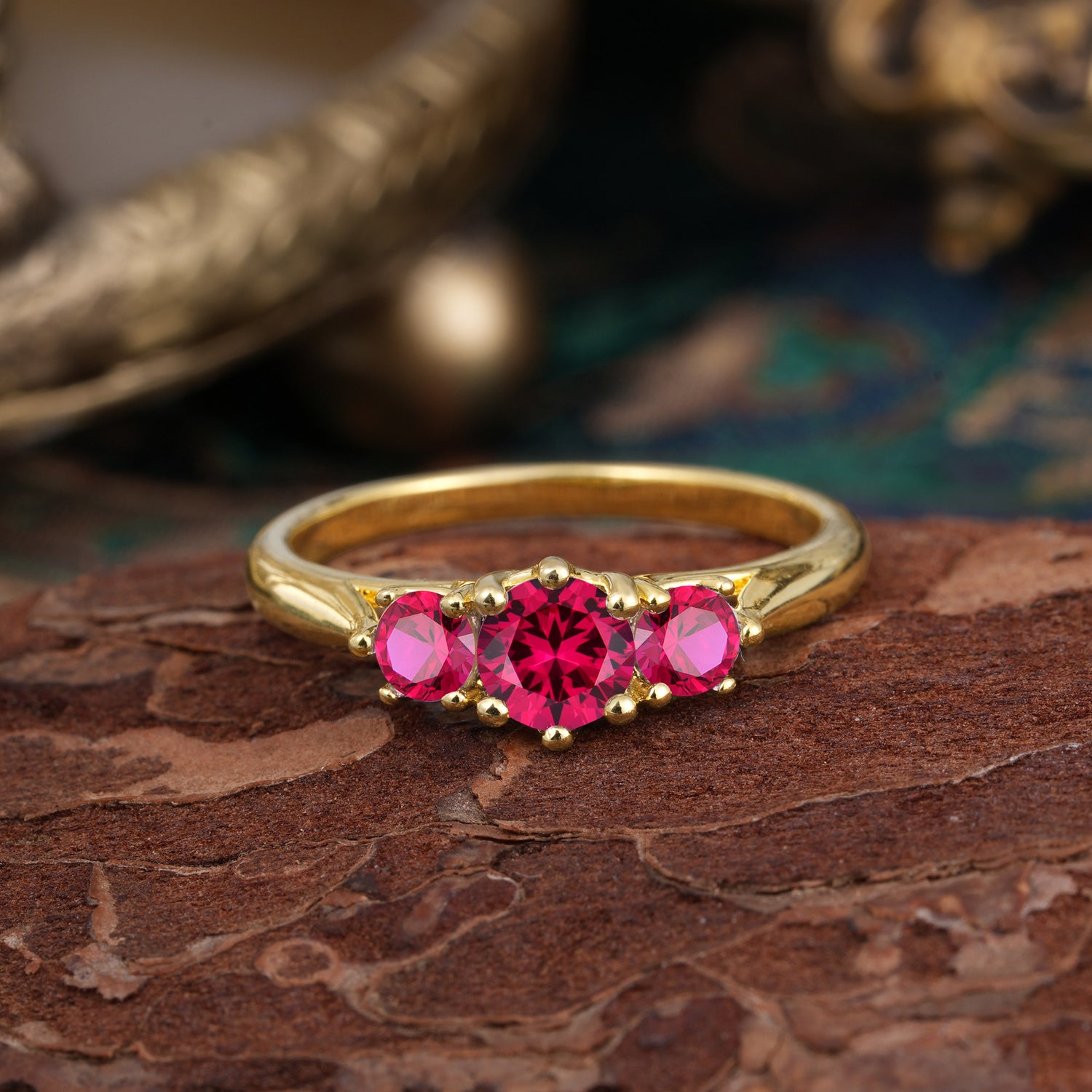 Round Cut 6 Prong Ruby Engagement Ring Classic Three Stone Bridal Ring