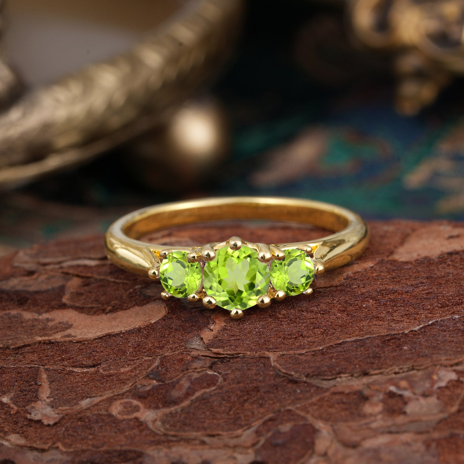 Round Cut 6 Prong Peridot Engagement Ring Classic Three Stone Bridal Ring