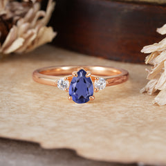 Classic Pear Cut Tanzanite Three Stone Promise Ring Four Claw Prong Setting