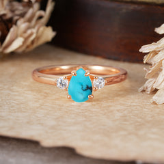 Classic Pear Cut Three Stone Turquoise Promise Ring Four Claw Prong Setting