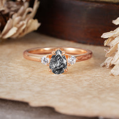 Classic Pear Cut Black Rutilated Quartz Three Stone Promise Ring Four Claw Prong Setting