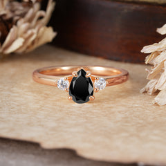 Classic Pear Cut Black Onyx Three Stone Promise Ring Four Claw Prong Setting