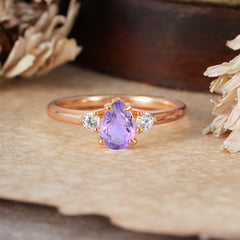 Classic Pear Cut Amethyst Three Stone Promise Ring Four Claw Prong Setting