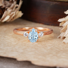 Classic Pear Cut Aquamarine Three Stone Promise Ring Four Claw Prong Setting