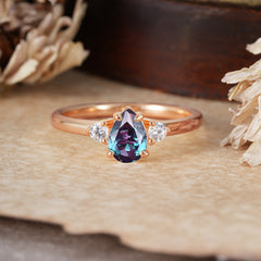 Classic Pear Cut Alexandrite Three Stone Promise Ring Four Claw Prong Setting
