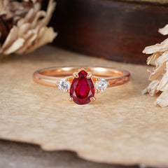 Classic Pear Cut Ruby Three Stone Promise Ring Four Claw Prong Setting