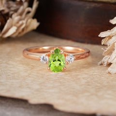 Classic Pear Cut Peridot Three Stone Promise Ring Four Claw Prong Setting