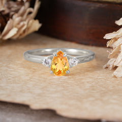 Classic Pear Cut Citrine Three Stone Promise Ring Four Claw Prong Setting