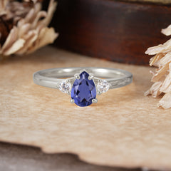 Classic Pear Cut Tanzanite Three Stone Promise Ring Four Claw Prong Setting