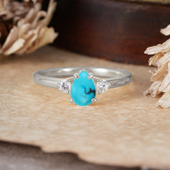 Classic Pear Cut Three Stone Turquoise Promise Ring Four Claw Prong Setting