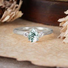 Classic Pear Cut Moss Agate Three Stone Promise Ring Four Claw Prong Setting