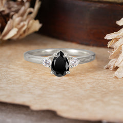 Classic Pear Cut Black Onyx Three Stone Promise Ring Four Claw Prong Setting