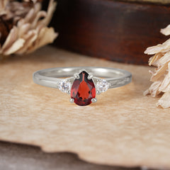 Classic Pear Cut Garnet Three Stone Promise Ring Four Claw Prong Setting