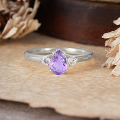 Classic Pear Cut Amethyst Three Stone Promise Ring Four Claw Prong Setting