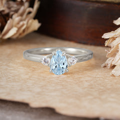 Classic Pear Cut Aquamarine Three Stone Promise Ring Four Claw Prong Setting