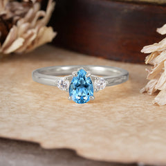 Classic Pear Cut Aquamarine Three Stone Promise Ring Four Claw Prong Setting