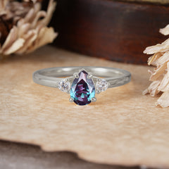 Classic Pear Cut Alexandrite Three Stone Promise Ring Four Claw Prong Setting