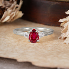 Classic Pear Cut Ruby Three Stone Promise Ring Four Claw Prong Setting