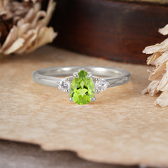 Classic Pear Cut Peridot Three Stone Promise Ring Four Claw Prong Setting