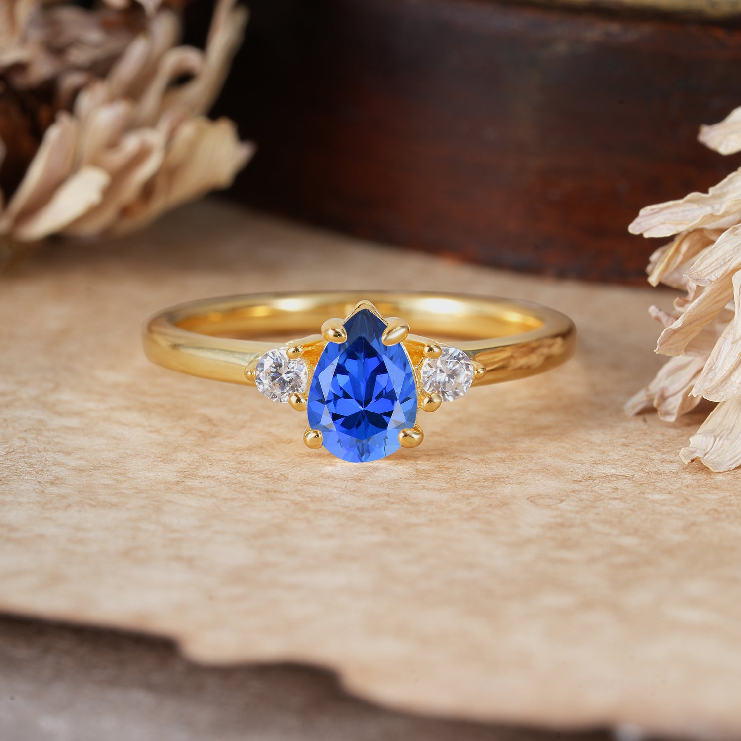 Classic Pear Cut Sapphire Three Stone Engagement Ring Four Claw Prong Setting